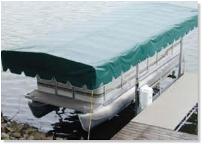 green boat lift cover on pontoon boat lift